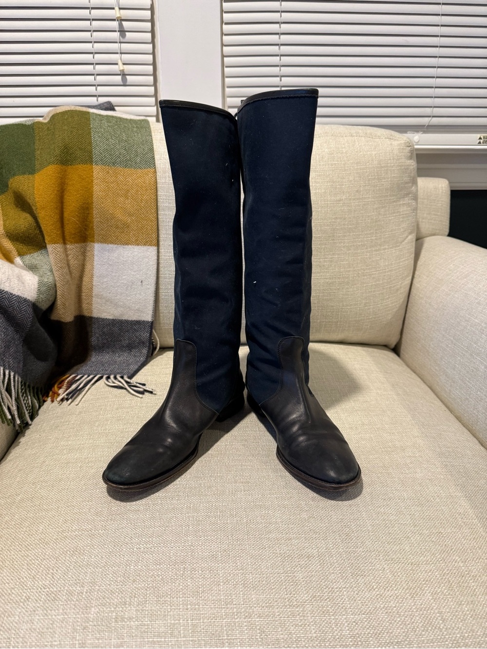 J Crew Canvas Navy and Black Classic Tall Riding Boots - Size 8
